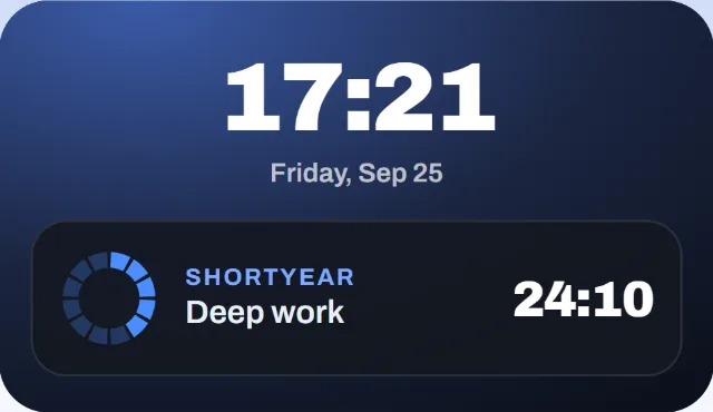 Lock screen: the Shortyear timer, Deep work, 24:10
