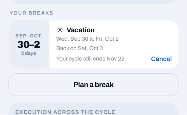 Week screen: a 3-day vacation planned ahead, Sep 30 to Oct 2
